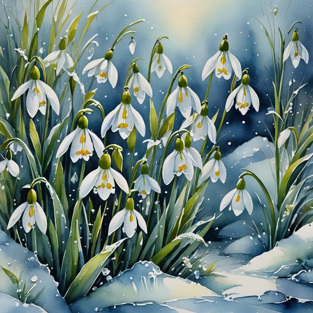 Whimsical Watercolor Snowdrops Frozen in Ice