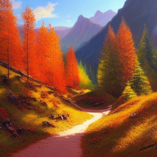 Autumn Mountain Path in Oil Painting Style