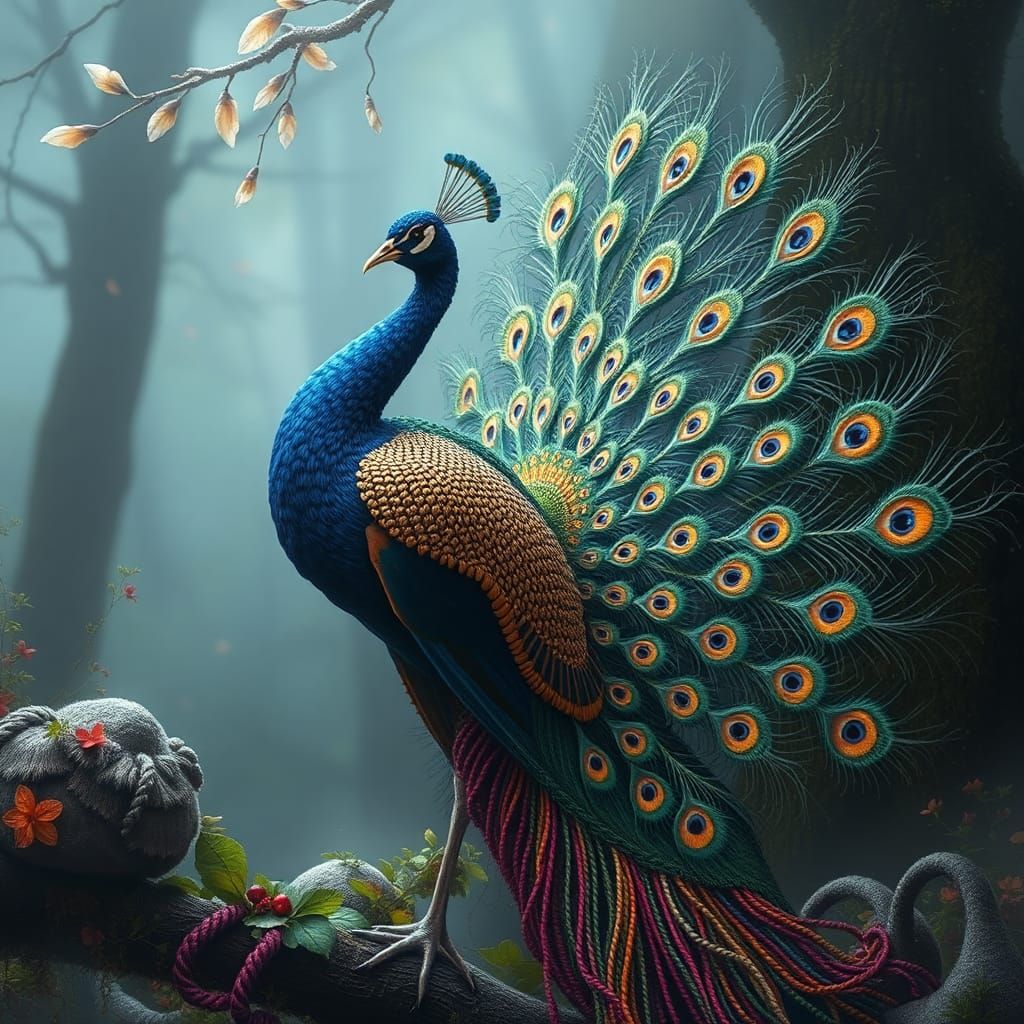 Knitted Peacock with Open Tail in Fantasy Style