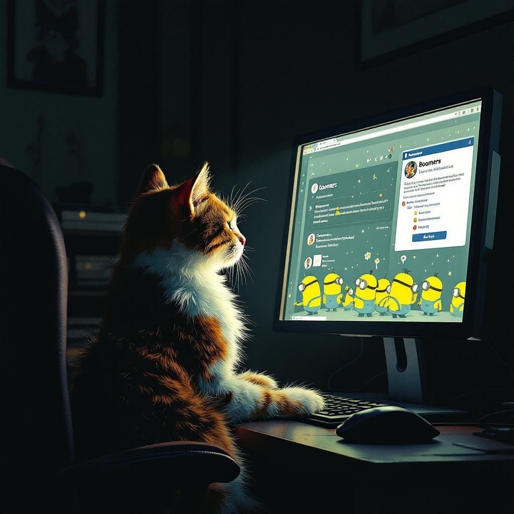 Cat Stares at Facebook in Far Side Style