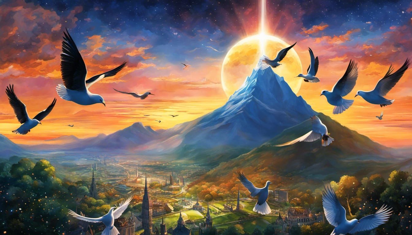 Lighthouse Under Starry Night with Doves in Van Gogh Style