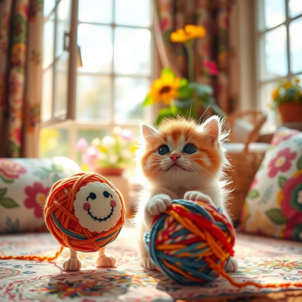 Kitten's Joyful Playtime with Yarn in Sunny Room
