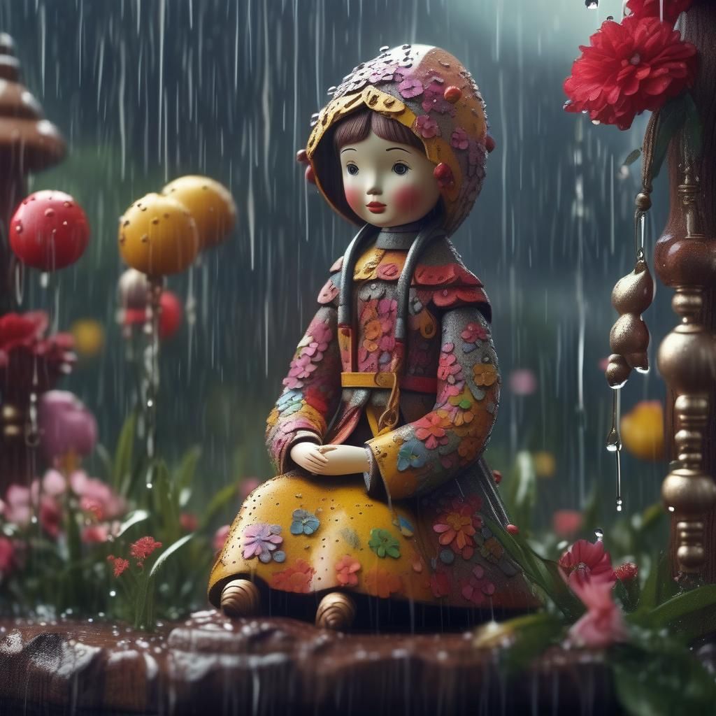 Detailed Wooden Doll with Flowers and Rain