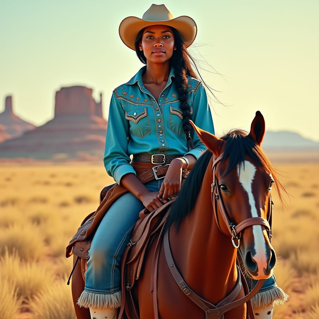 Black Cowgirl on Horse in Golden Light