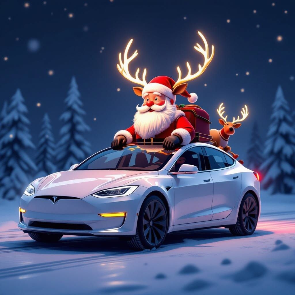 Robot Santa Claus Rides Rudolph Tesla in Golden Hour Glow