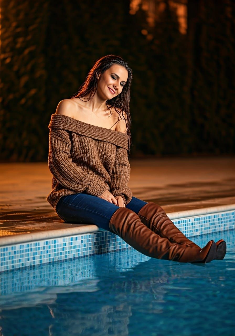 Brunette by Pool in Photorealistic Style