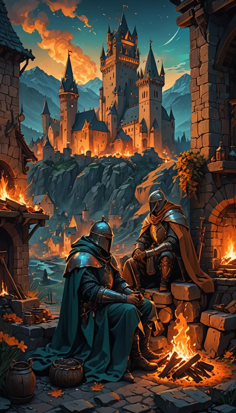 Knight and Wizard Bonfire Night Scene, Hyperdetailed Art