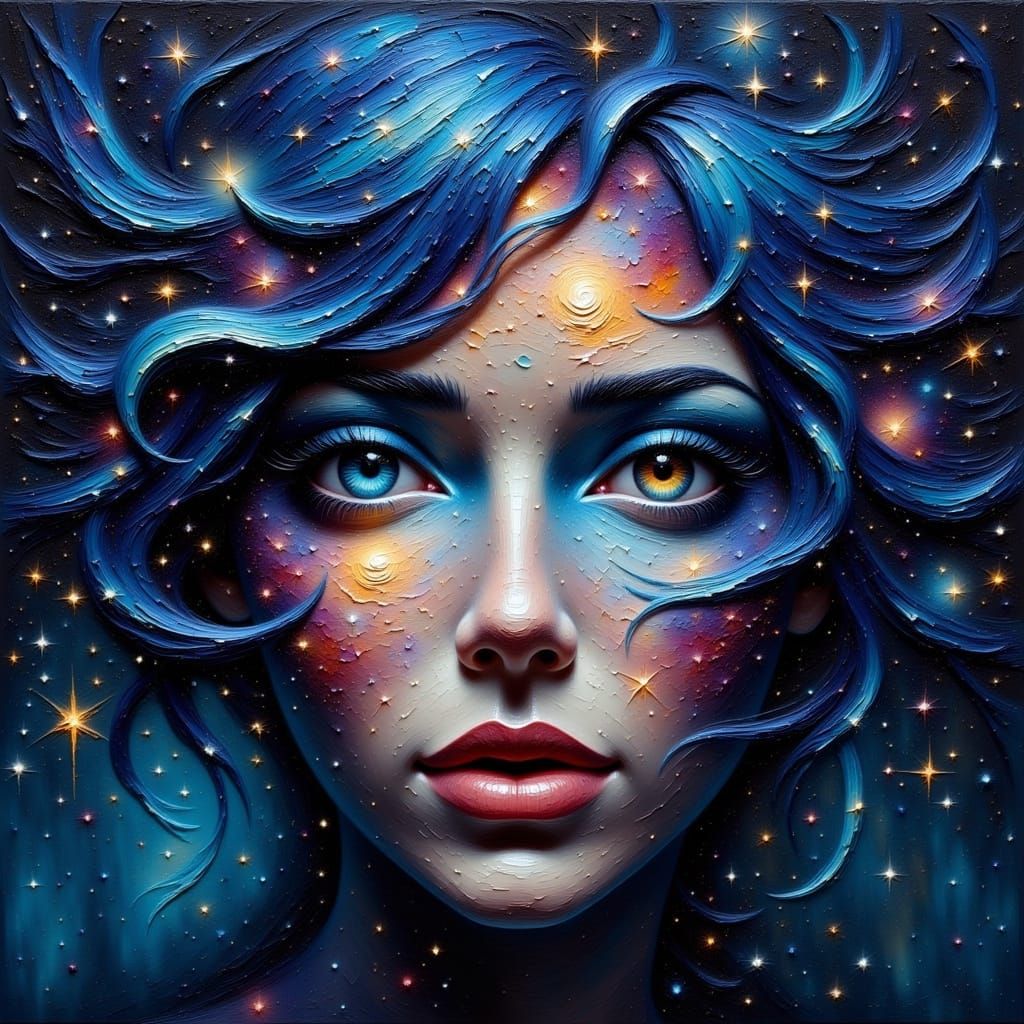 Surreal Cosmic Portrait: Woman With Galaxy Eyes