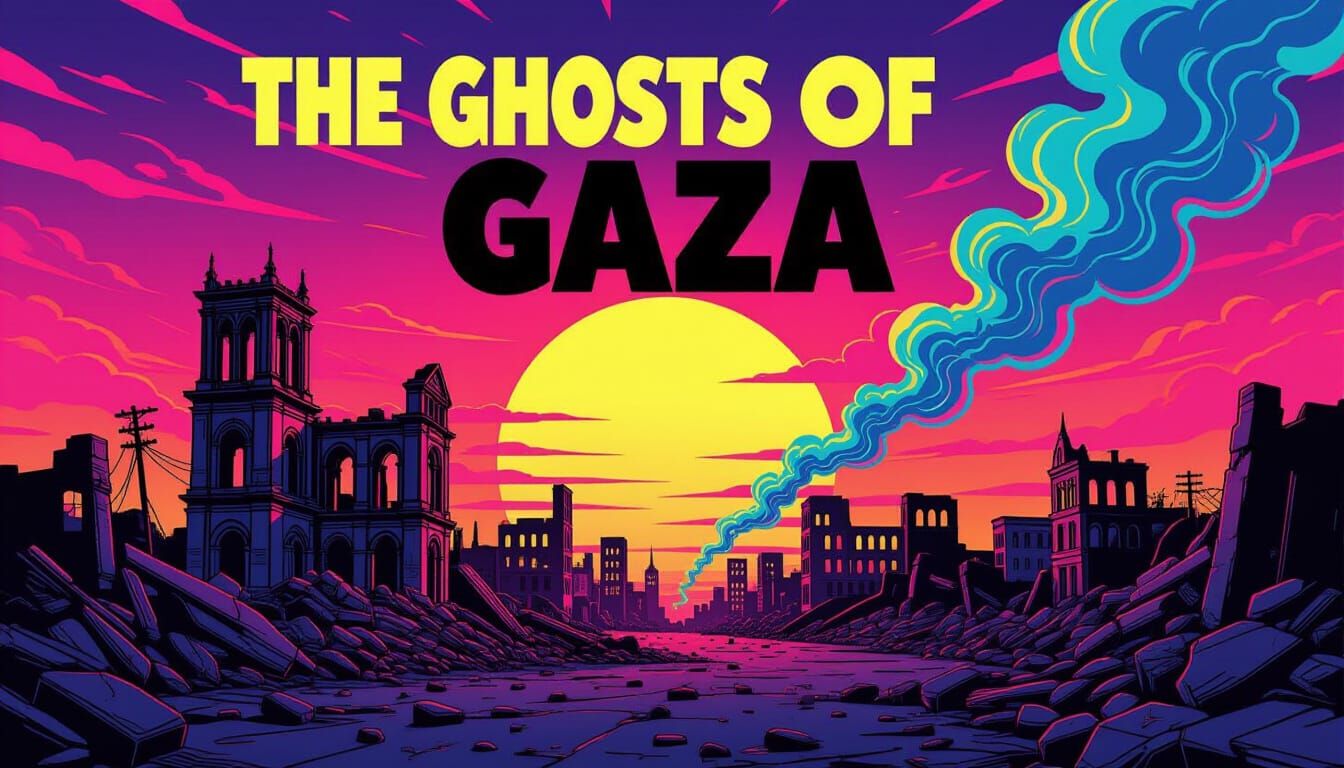 Dystopian Sunset Over Middle-Eastern Ruins in Art Deco Style