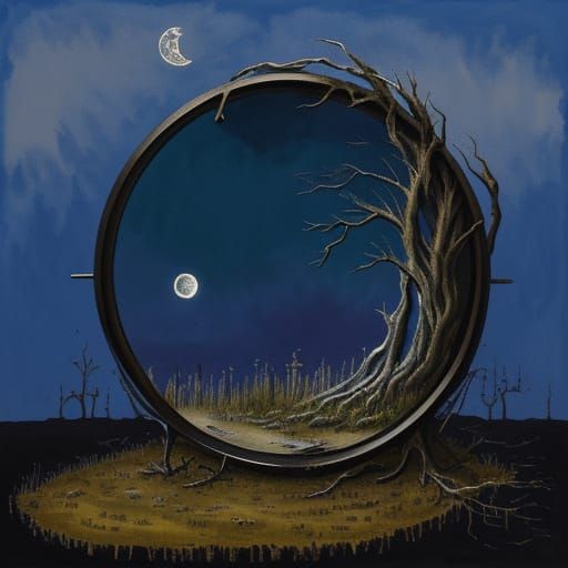 Surrealist Figure Contemplates Time and Decay Under Moon