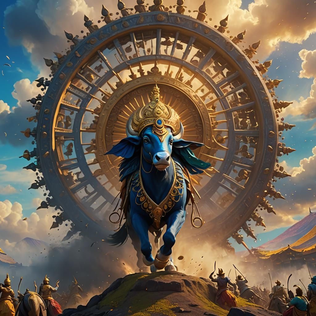 Krishna Lifting Wheel in Disney-Pixar Animation Style