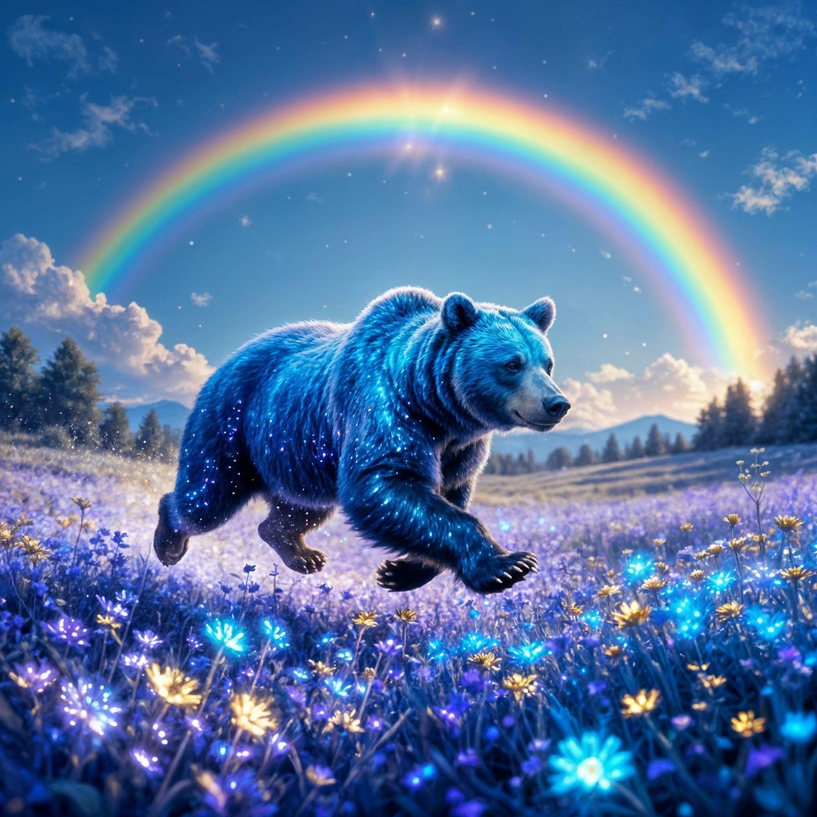 Majestic Blue Bear Galloping Through Glowing Flowers Under R...