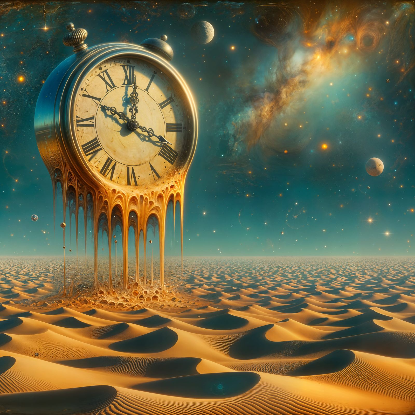 Melting Clock in Desert: Surreal Cosmic Illustration