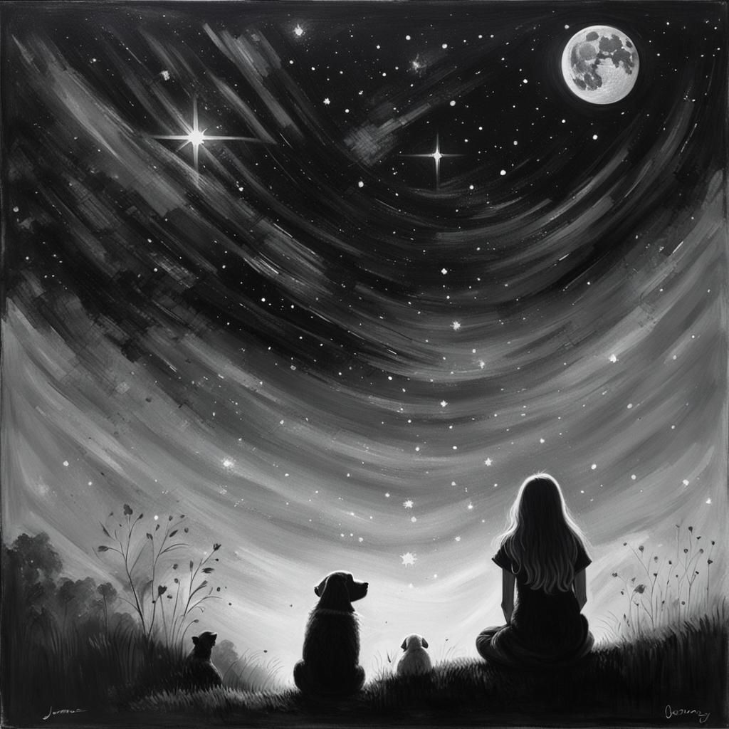 Girl and Dog Stargazing: Black and White Oil Painting