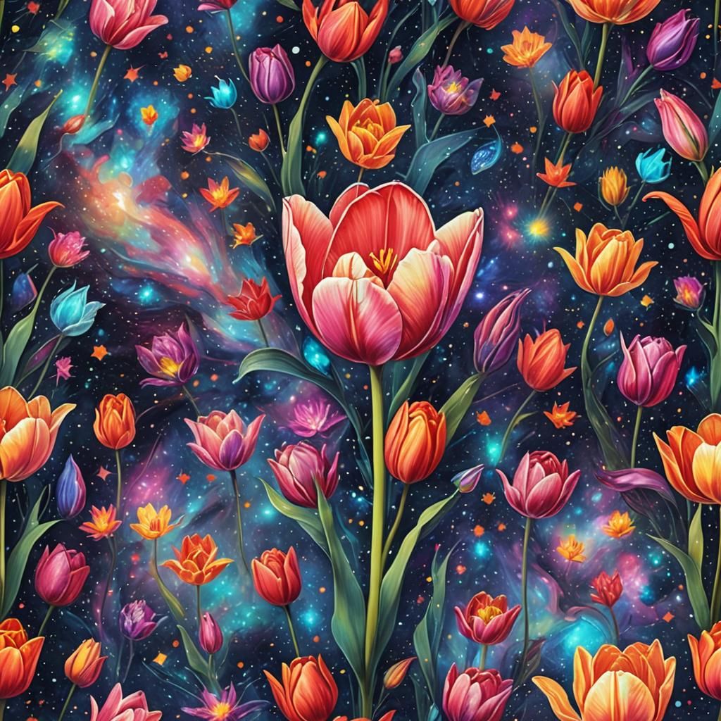 Holographic Cosmic Tulip Illustration in Mixed Media