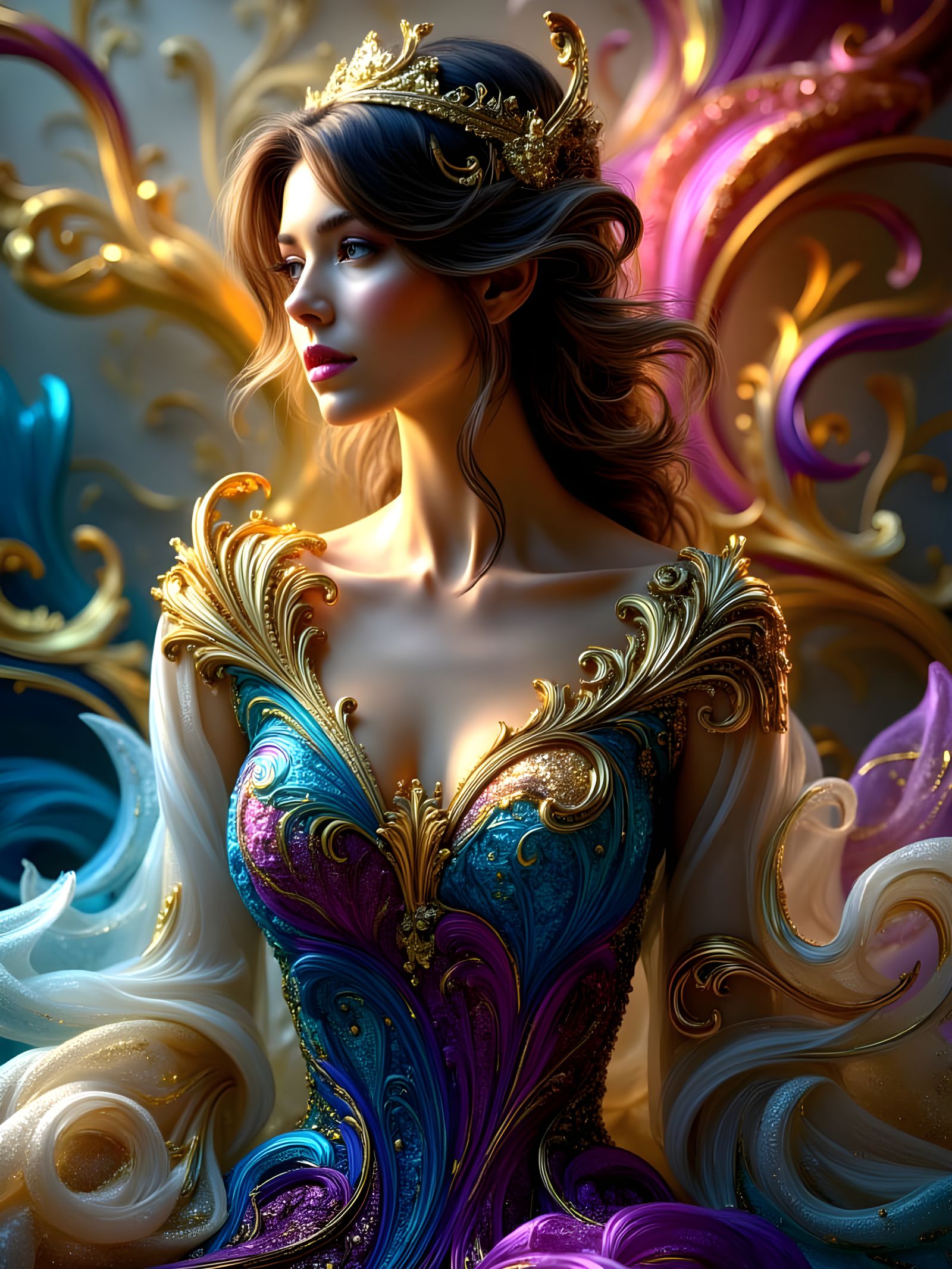 Woman in Flowing Textures with Luminous Aura