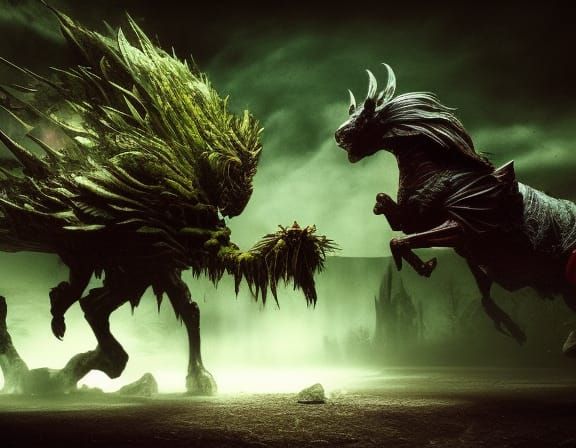 Epic Battle in Magical Landscape: Dark Oil Illustration