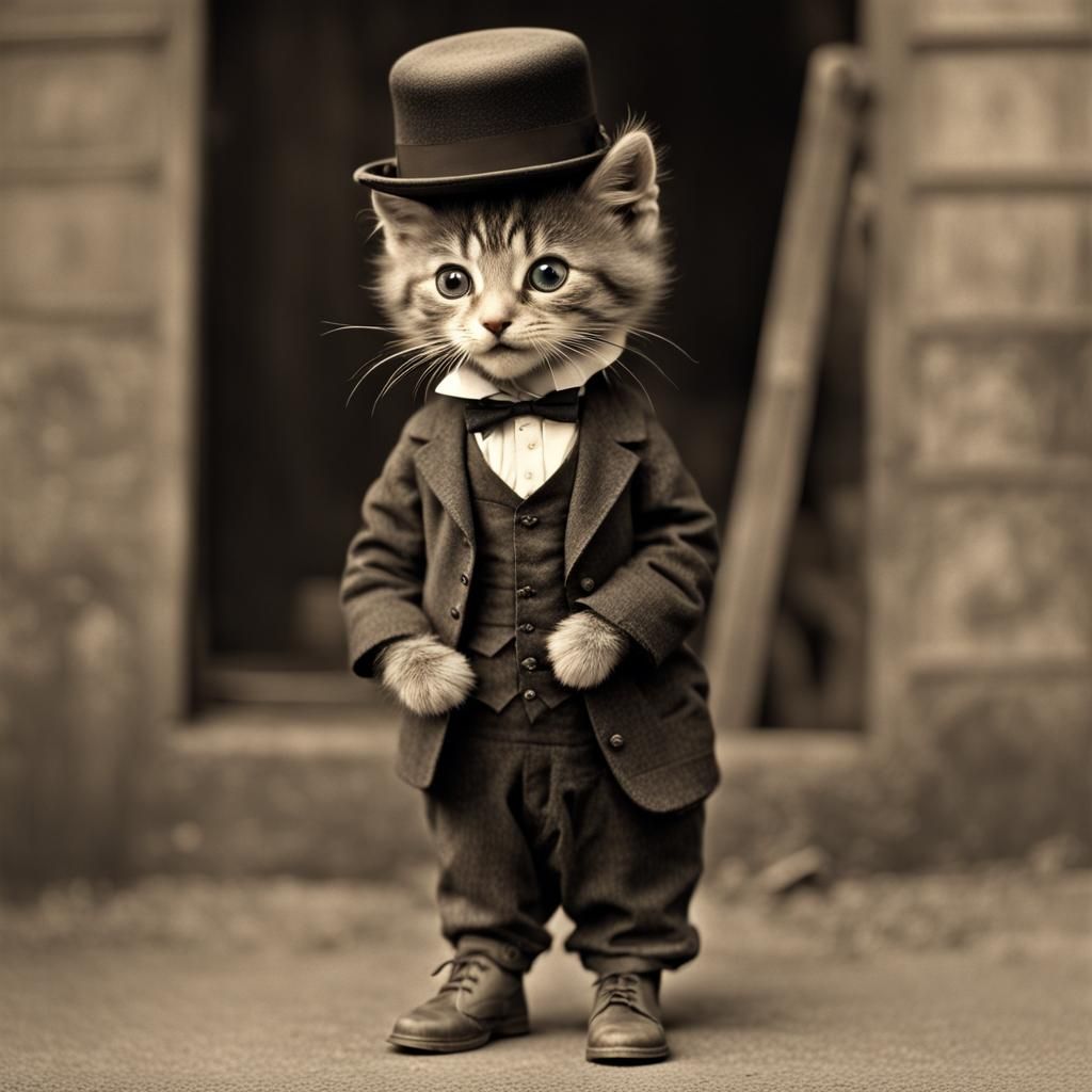 cutest kitten as adorable Charlie Chaplin, tramp costume, 1915