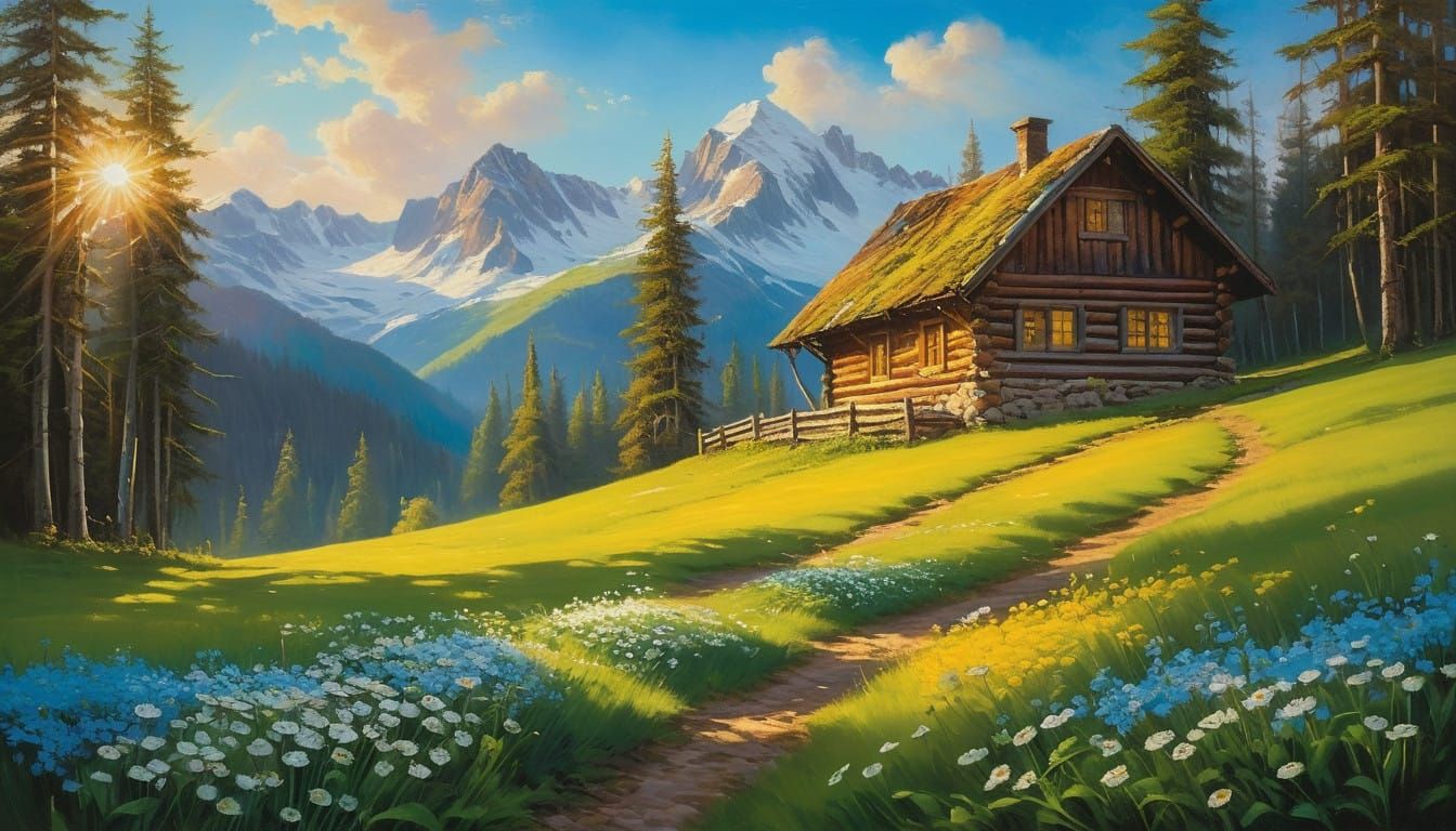 Serene Alpine Landscape in Vibrant Oil Painting