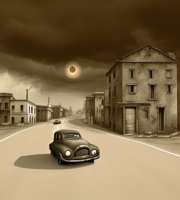 Wrecked Car in Italian Neorealism Style