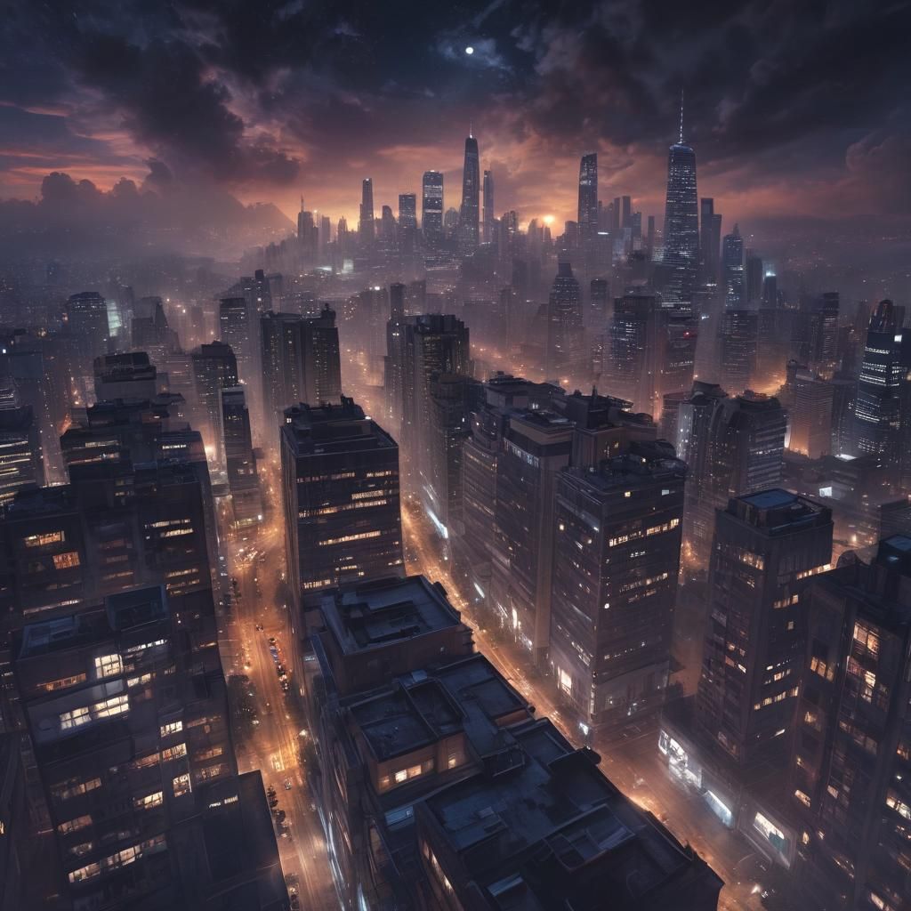 Moonlit Cityscape Rooftop View: Digital Matte Painting