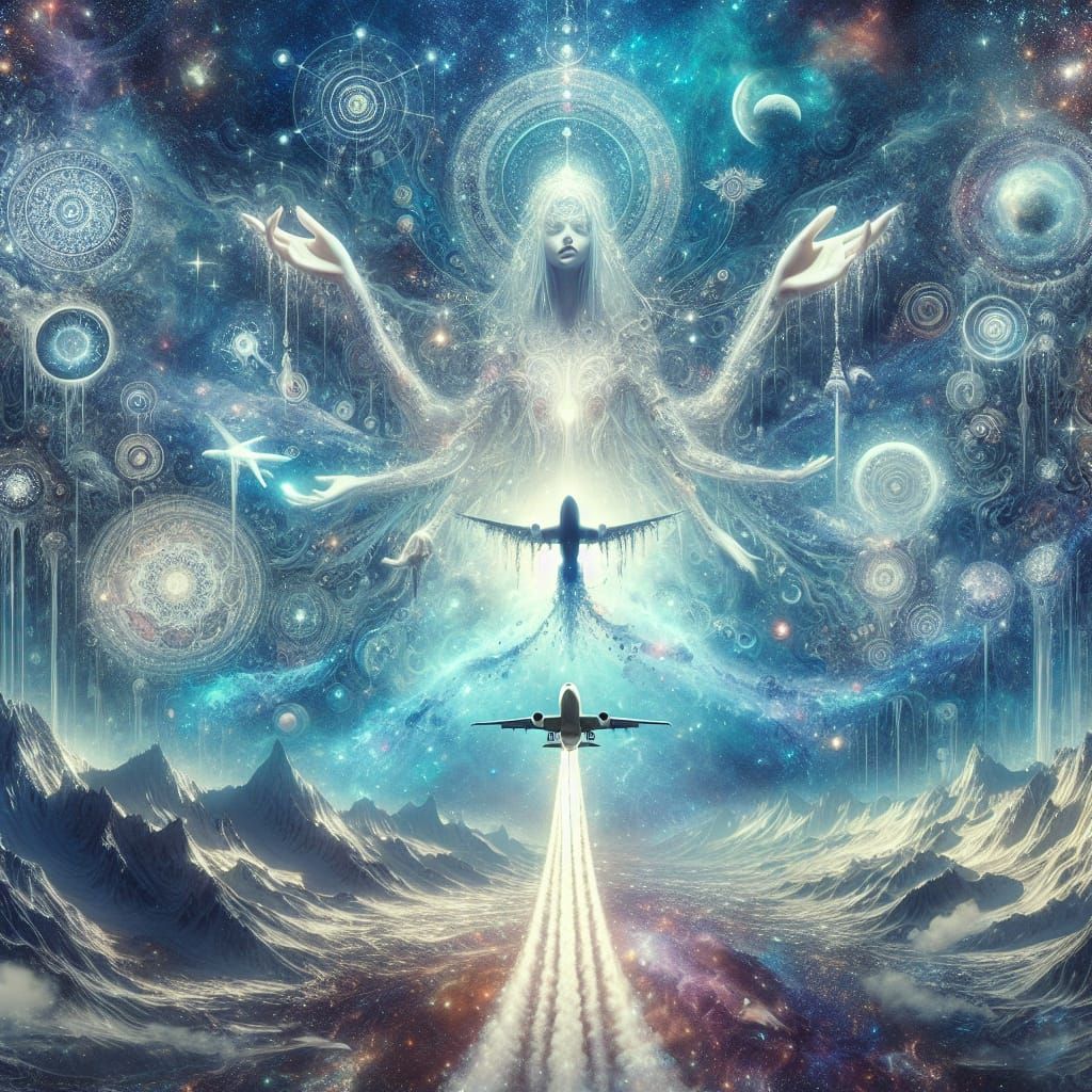 Cosmic Goddess Guiding Airplane Through Starry Sky