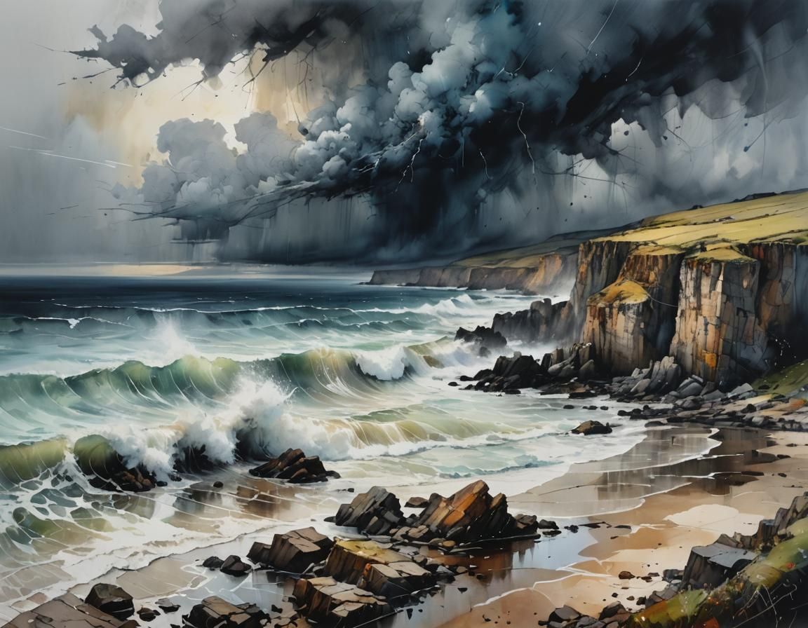 Stormy Coastal Landscape Painting with Surreal Details