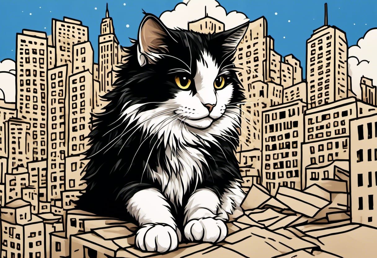 Giant Cat Smashing Buildings in Anime Style