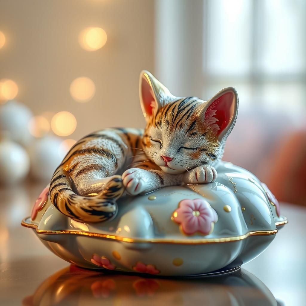 Enameled Glass Kitten Sleeping on a Pillow