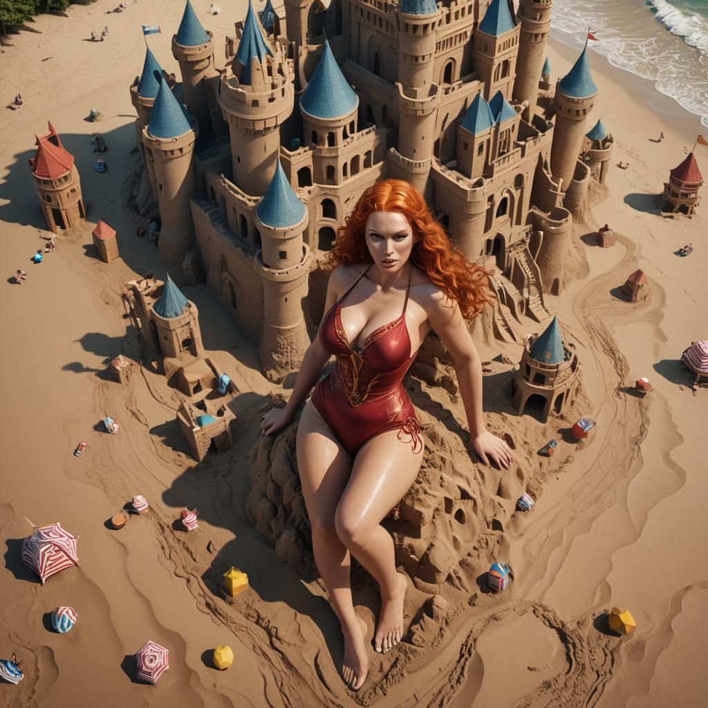 Ginger Woman Building Sandcastle: Detailed Matte Painting