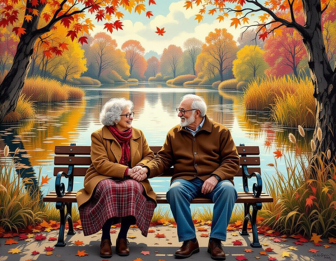 Autumnal Caricature: Old Couple in a Surreal Landscape