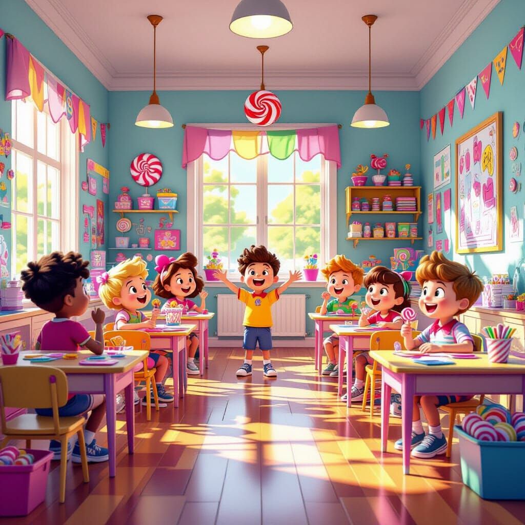 Candyland Classroom with Goofy Children: Digital Illustratio...