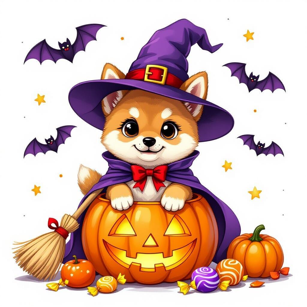 Cute Shiba Inu in Witch Hat in Pumpkin, Cartoon Style