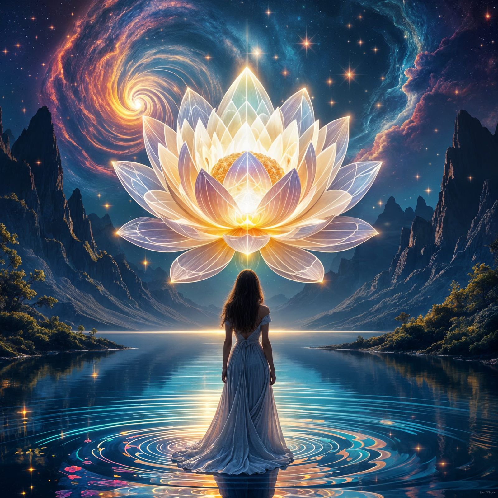 Cosmic Dreamscape with Lotus Flower and Galaxy