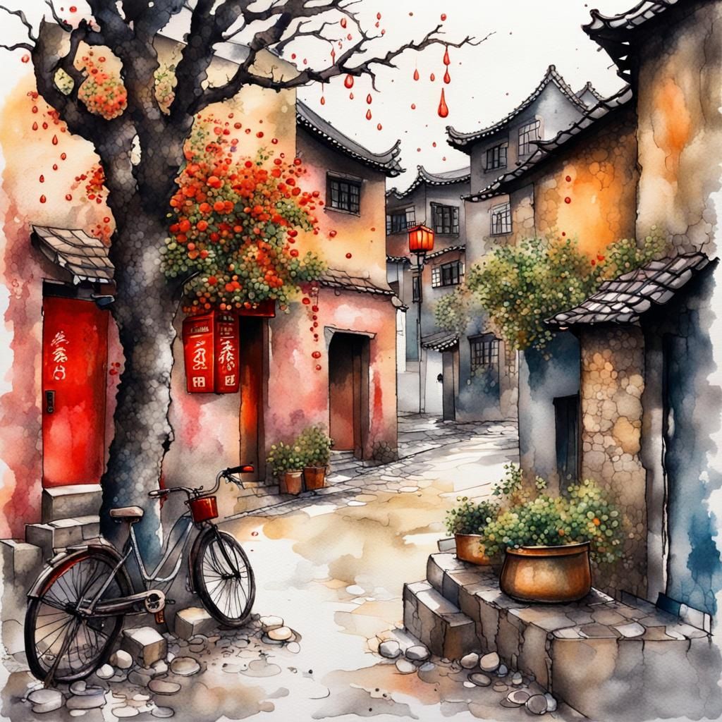 Vibrant Alcohol Ink Sketch of Chinese Village Street