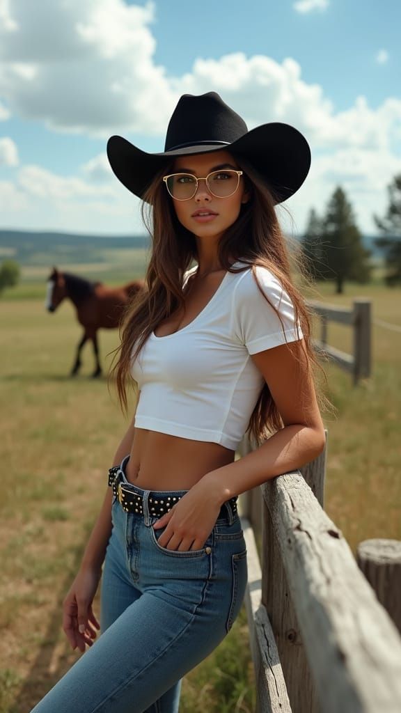Modern Cowgirl in Rolling Hills, Framed by Powder-Blue Sky
