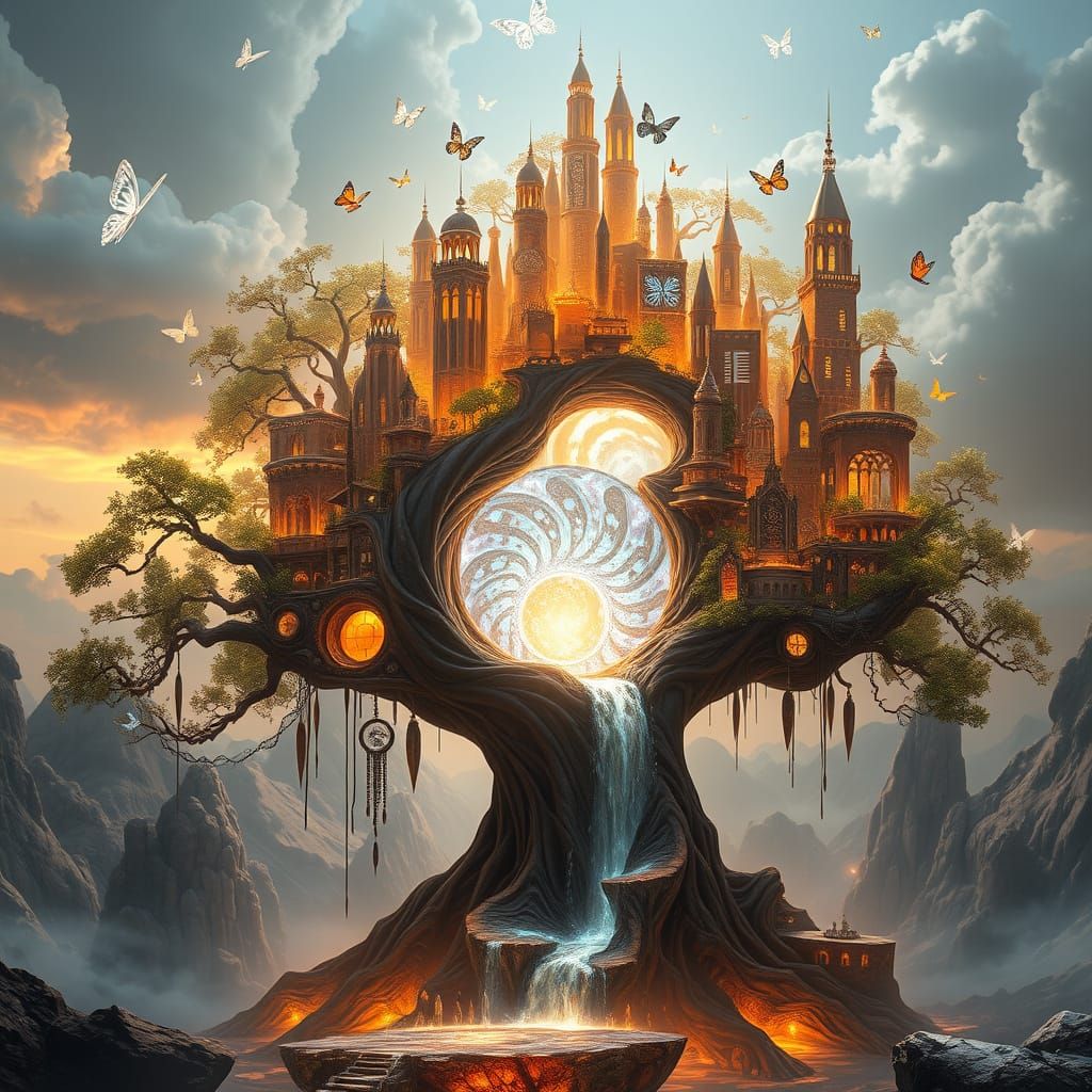 Ethereal Tree-City Hybrid in Amber