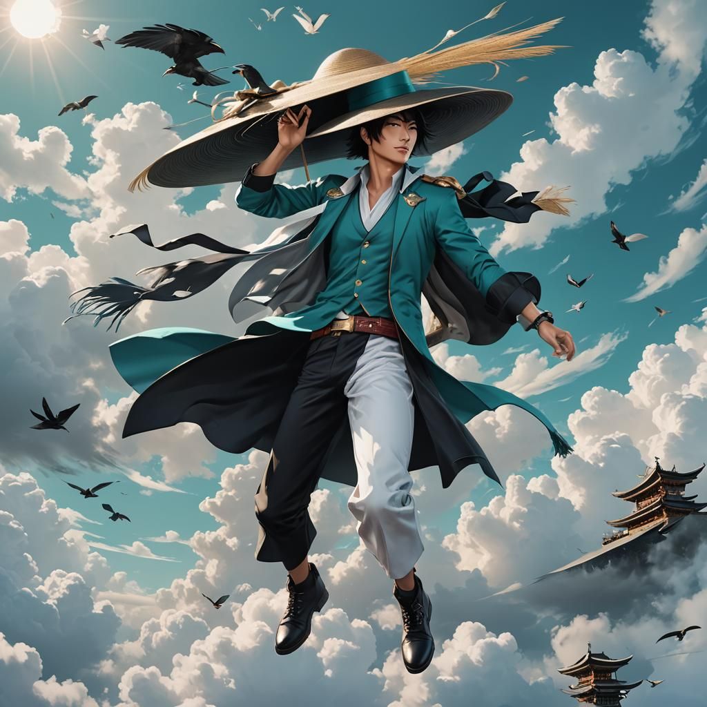 Asian Man Flying, Detailed Anime Art