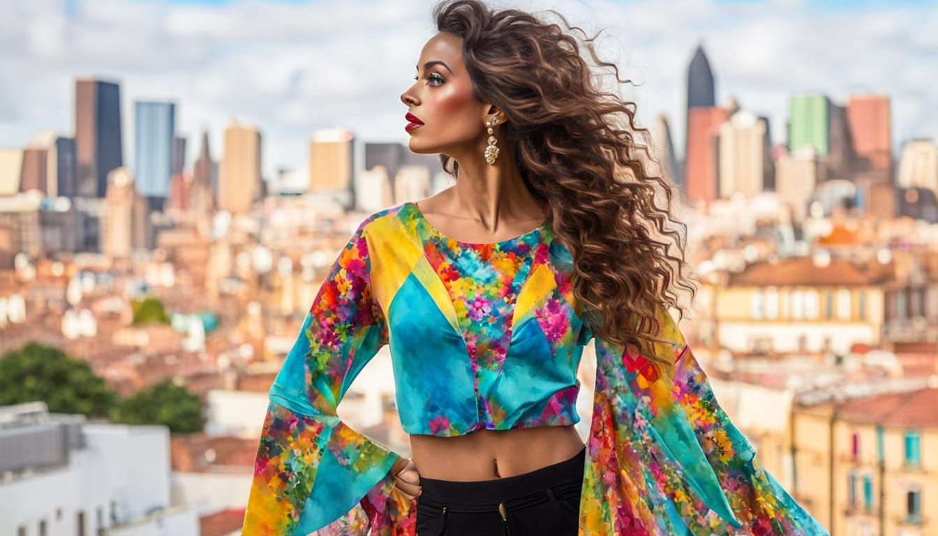 Dancing Latina Woman in Vibrant Cityscape
