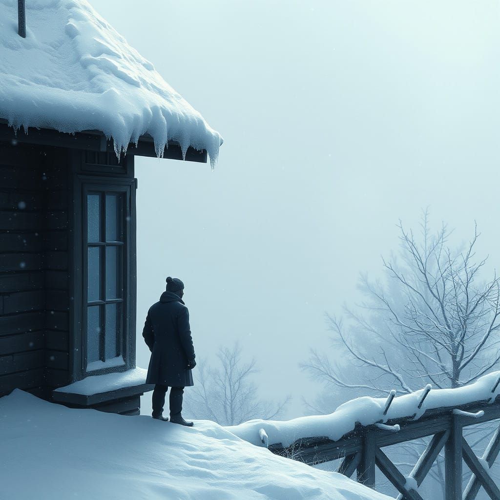 Wintery Scene of Lone Figure at Frost-Rimmed Window