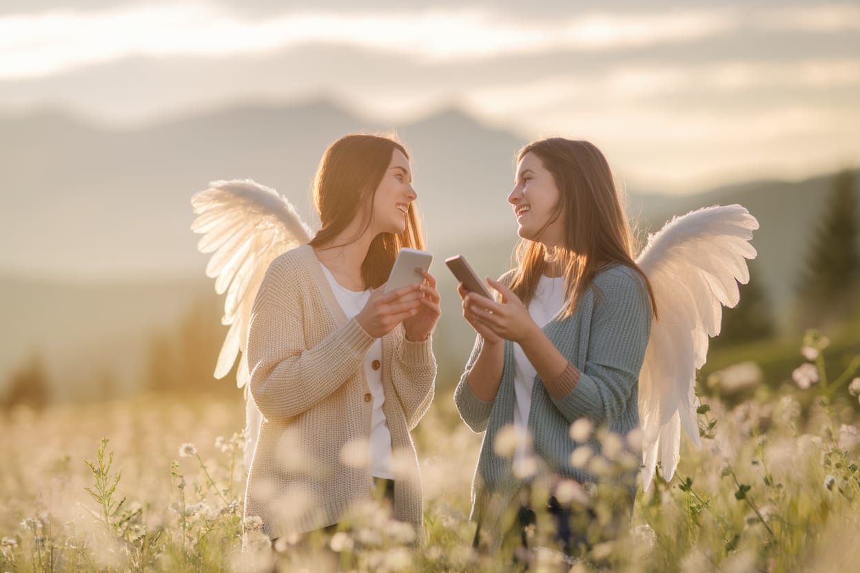 Friends Chatting on Angelic Cell Phones in Meadow