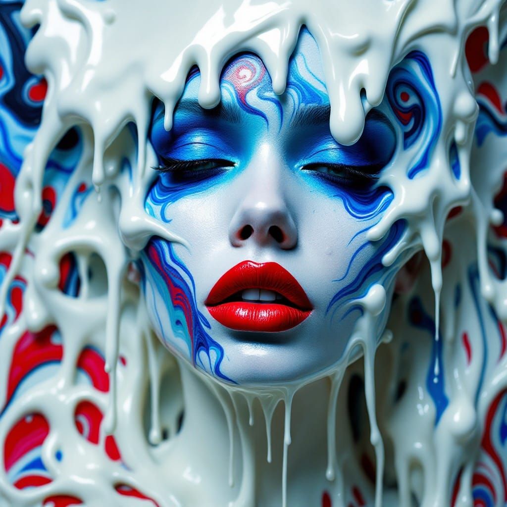 Bold Surrealist Makeup Face Melting in a Drip of White