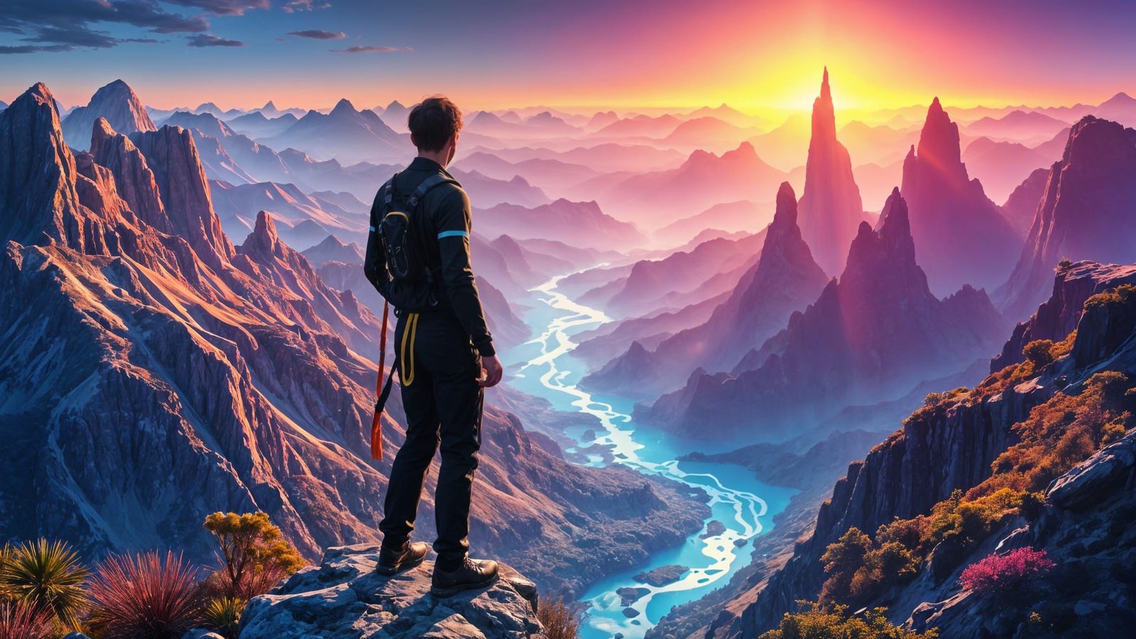 Ethereal Neon Dreamscapes on Retro-Futuristic Mountains