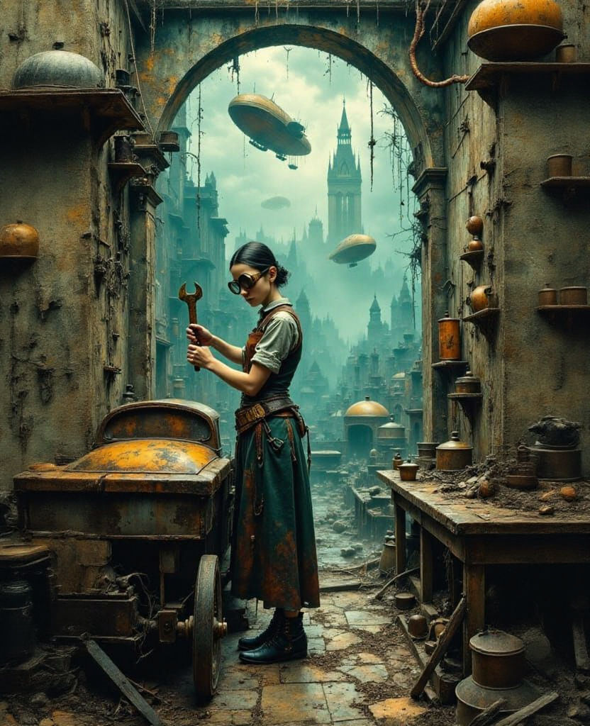 Steampunk Mechanic Woman Repairs Hoover Car in Underwater Wo...