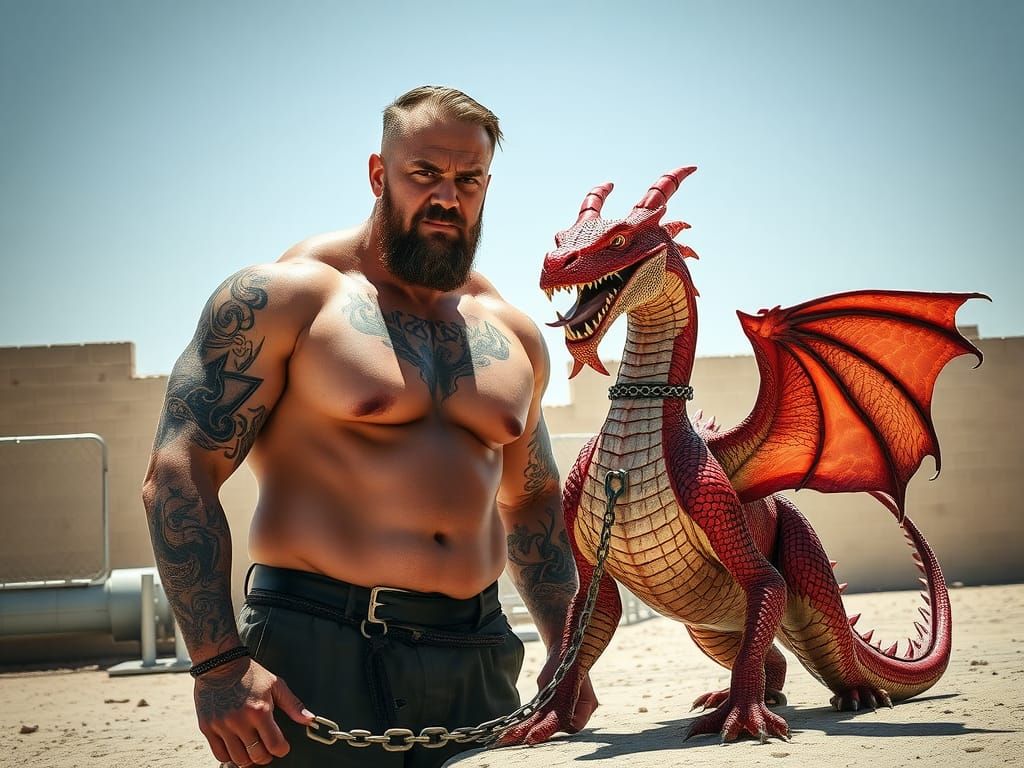 Muscled Warrior and Fierce Dragon Stand Amidst Harsh Dayligh...
