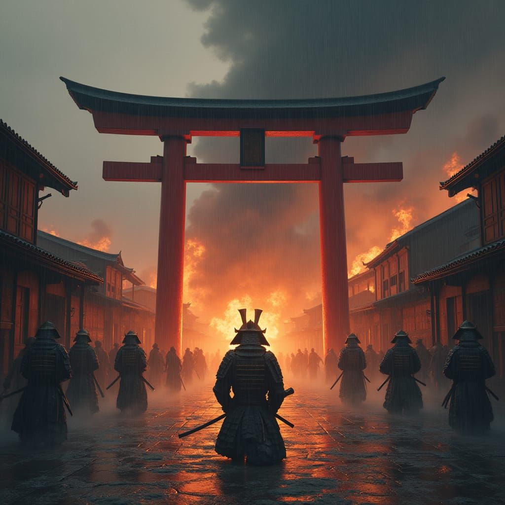 Samurai Before Torii Gate in Burning Village, Cinematic Real...