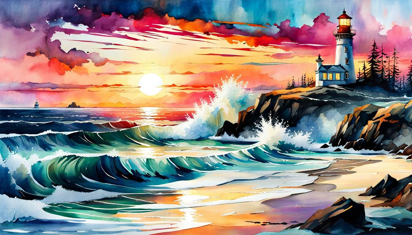Winter Seascape Lighthouse in Digital Watercolor