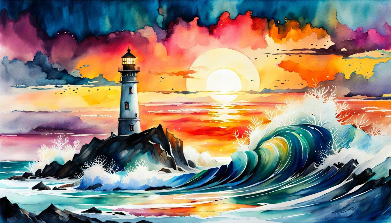Lighthouse Winter Seascape in Digital Watercolor