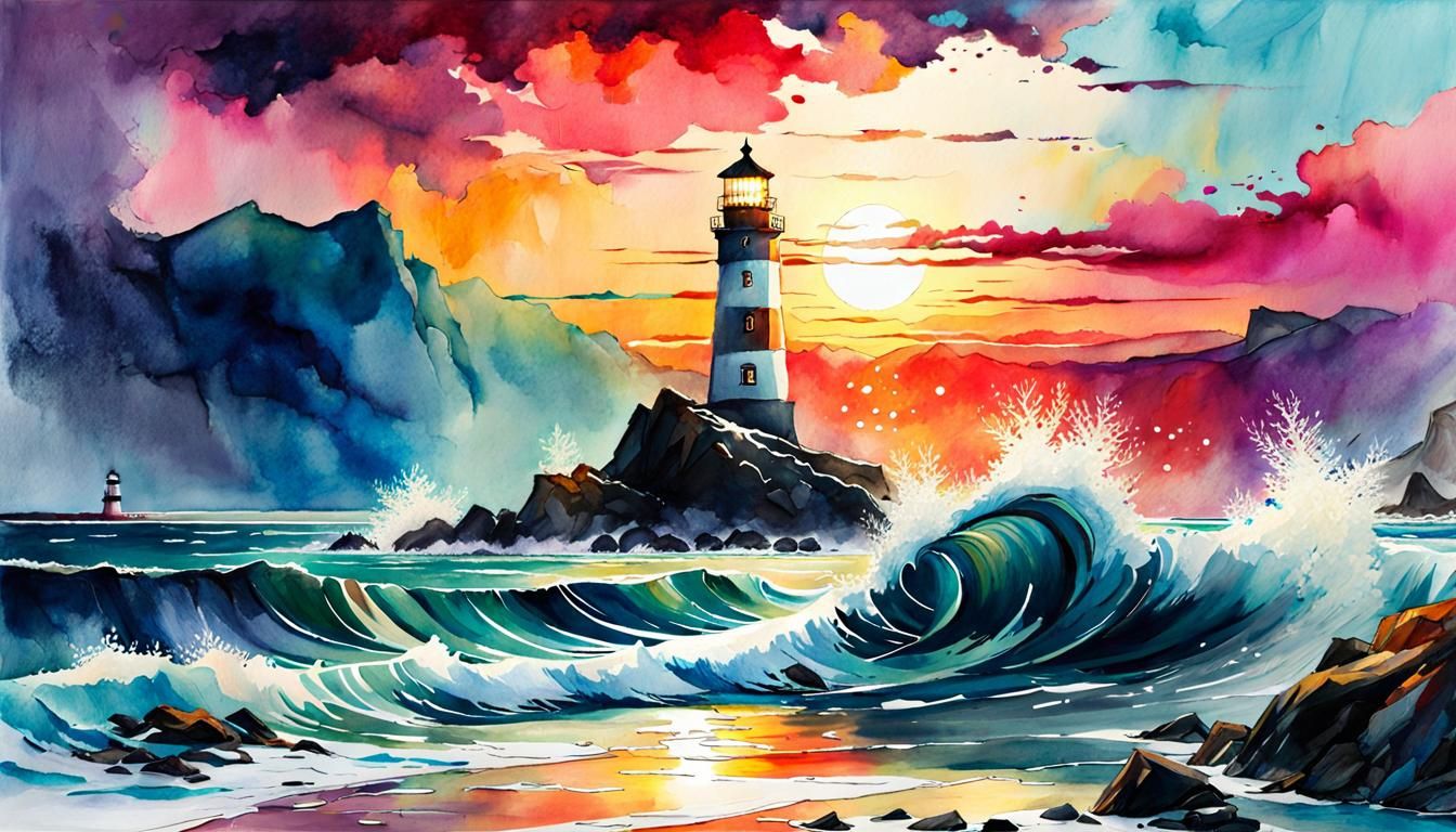 Winter Seascape Lighthouse in Watercolor Style