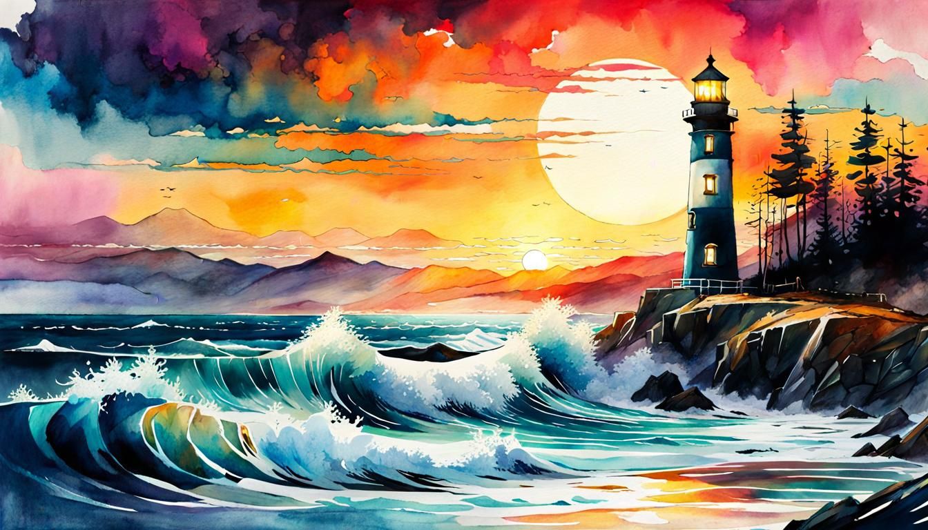Lighthouse in Winter Seascape: Digital Watercolor Art